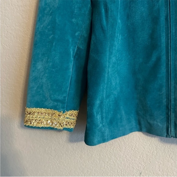 VTG JDS Collection Teal Suede Zip Jacket Gold Trim Women’s Size Small Elegant - Picture 7 of 13